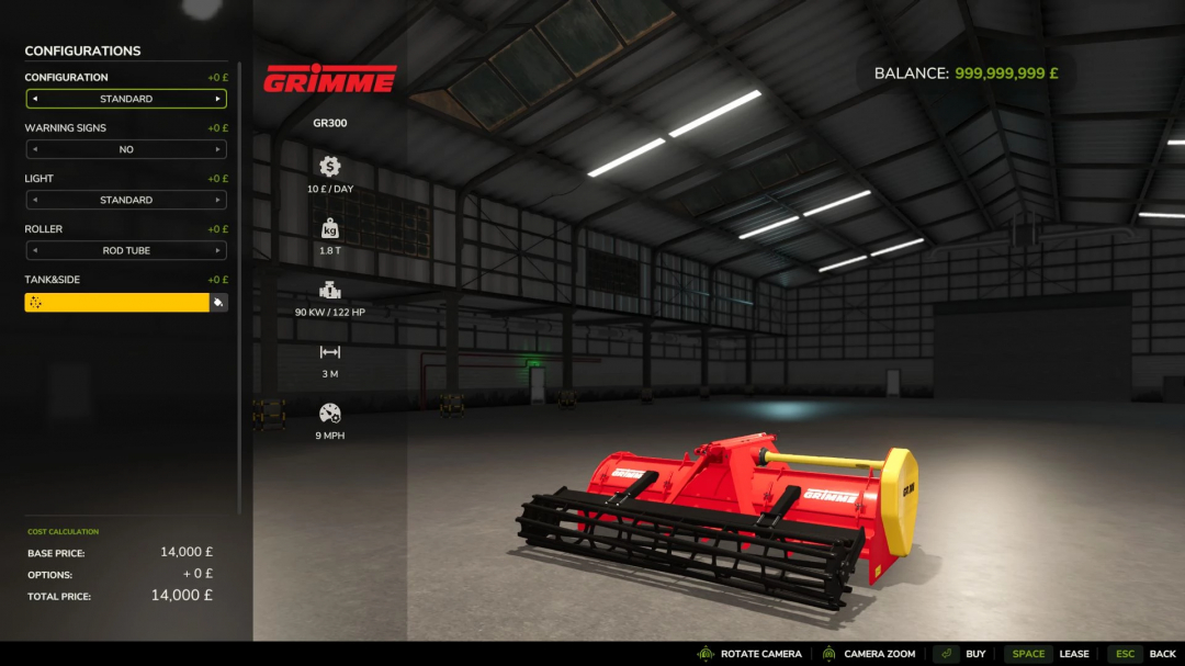 Farming Simulator 25 mod, Grimme GR300, a red agricultural implement with black rake components, shown inside a warehouse.