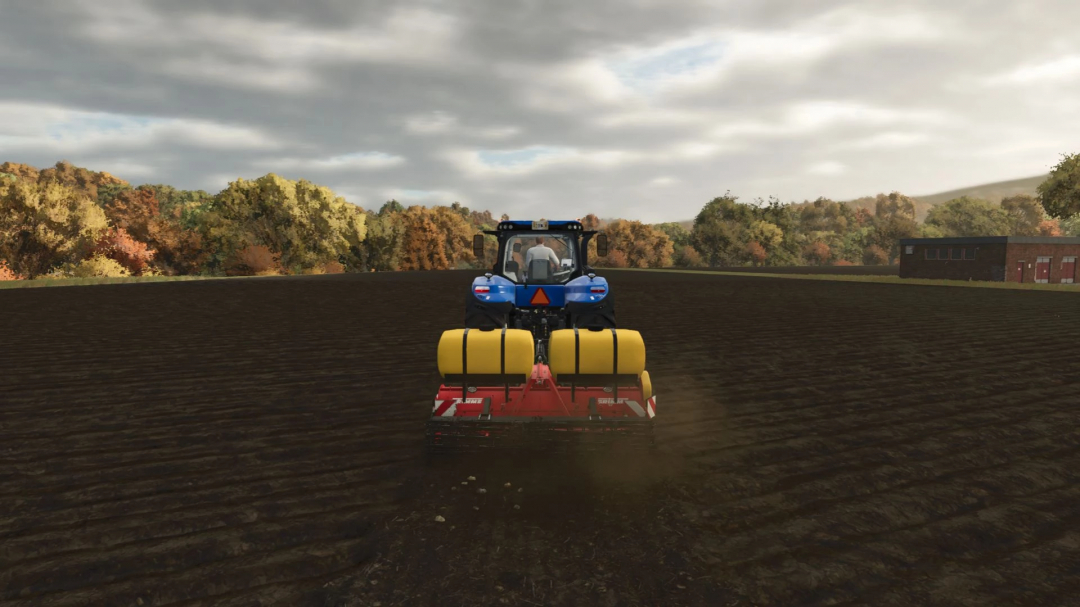 Farming Simulator 25 mod: tractor with Grimme GR300 cultivator working on a field, autumn scenery in the background.