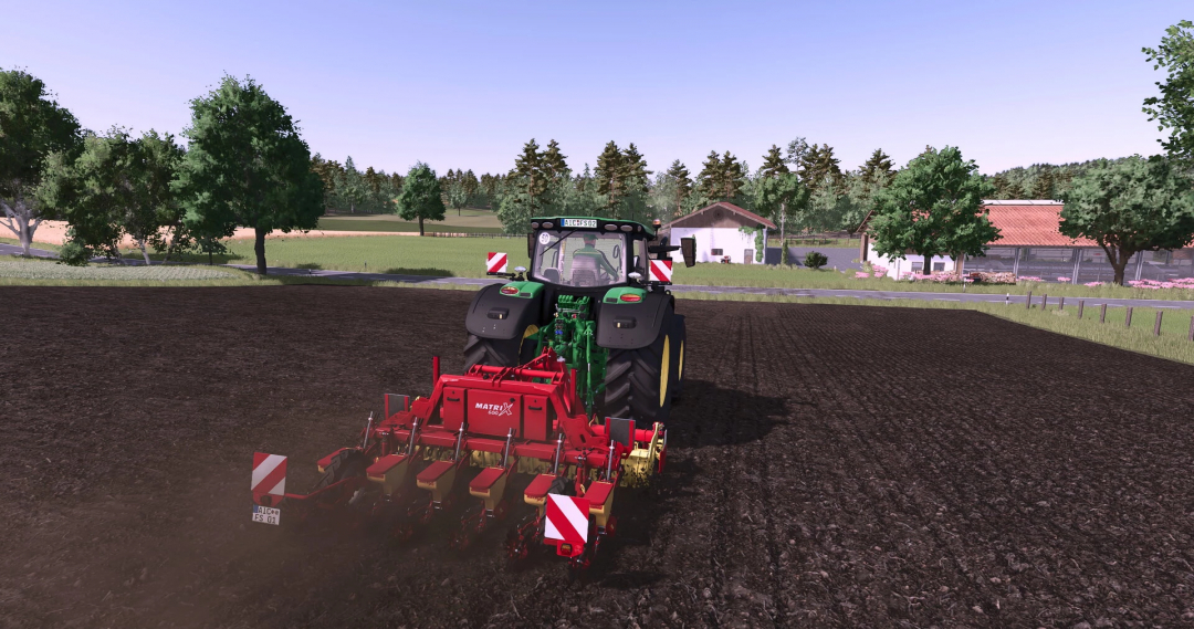 Farming Simulator 25 mod: tractor with Grimme Matrix 600 seed drill working on a field, showcasing FS25 mods.