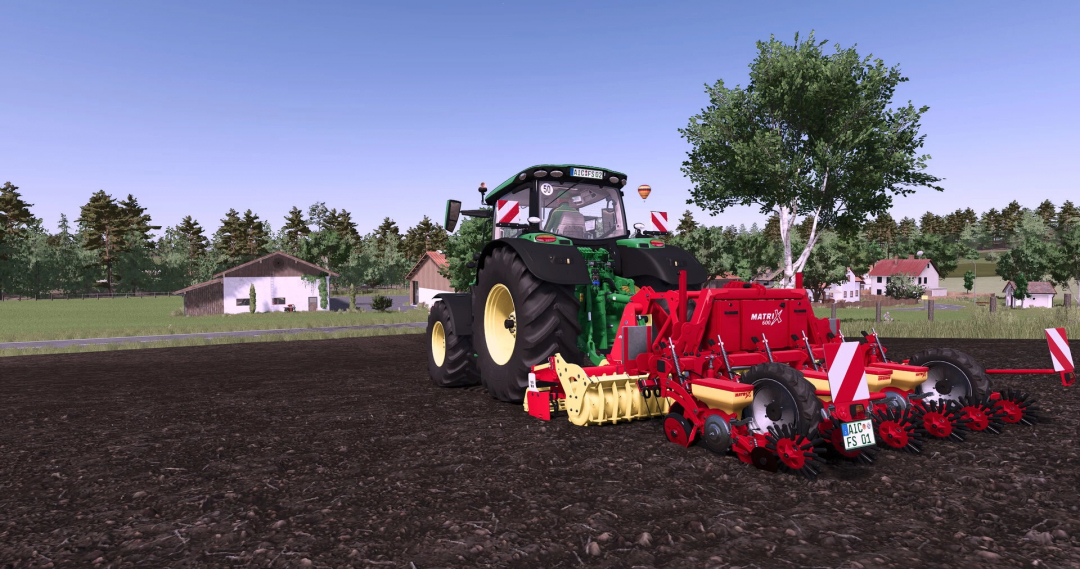 Farming Simulator 25 mod featuring a green tractor with a Grimme Matrix 600 seed drill, used for planting crops in FS25.