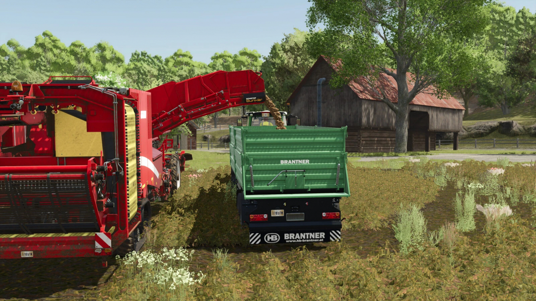 Farming Simulator 25 mod image showcasing the Grimme Varitron 470 Platinum Terra Trac in a rural farm setting.