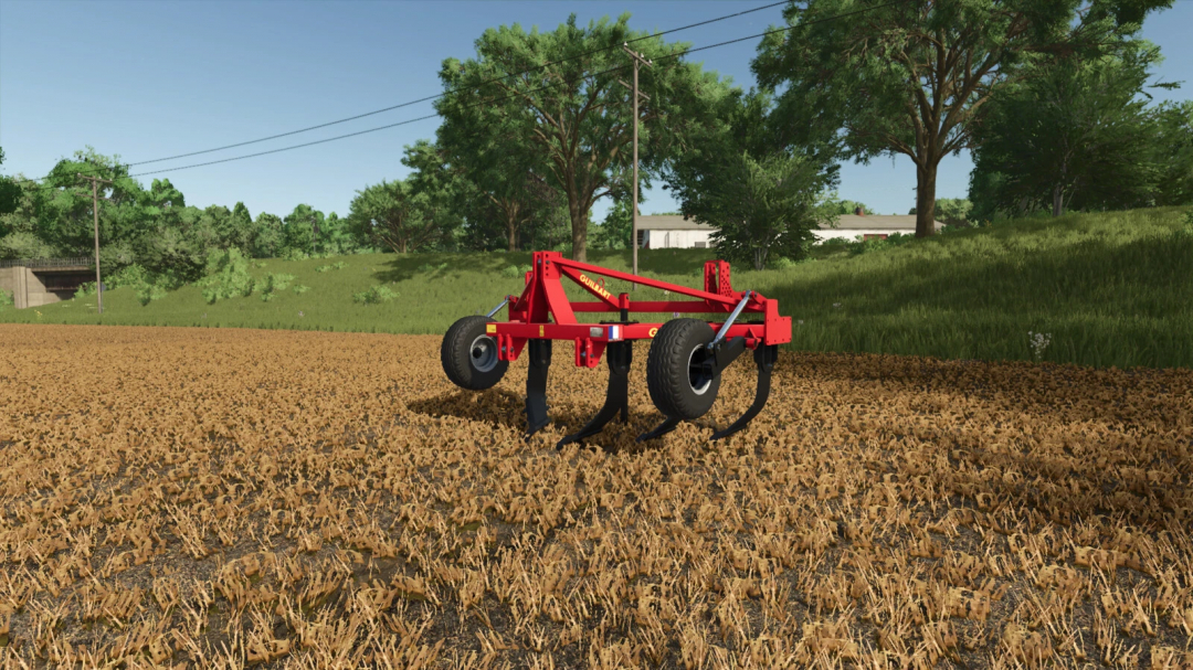 Farming Simulator 25 mod: Guilbart Delta 850 cultivator on a plowed field, with trees and a rural landscape in the background.