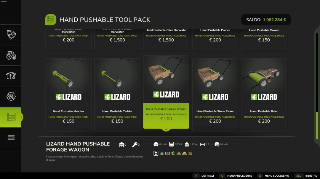 Screenshots of Farming Simulator 25 mods showing a selection of hand pushable tools and wagons from the Lizard pack, including a forage wagon.