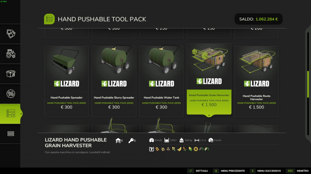 Farming Simulator 25 mods: Hand Pushable Machines Pack v2.0.0.0, including grain harvester, water tank, slurry and root spreaders, for manual farm work.