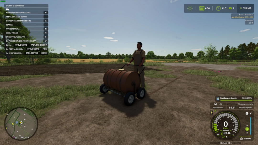 Farmer pushing a liquid fertilizer tank on wheels in Farming Simulator 25 with mods.