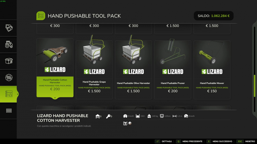 Farming Simulator 25: Screenshot of the Hand Pushable Machines Pack v2.0.0.0 mod selection with various hand pushable tools like cotton, grape, olive harvesters, and more.
