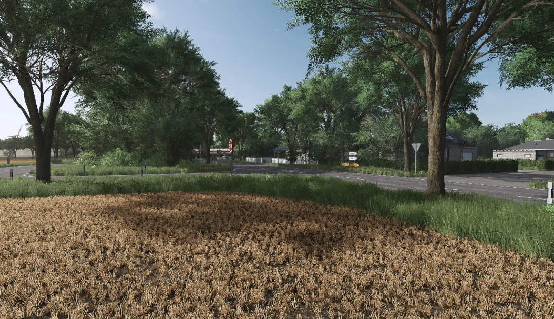 In Farming Simulator 25, the image depicts a peaceful rural scene with a field, trees, and a road with traffic signs, illustrating FS25 mods.