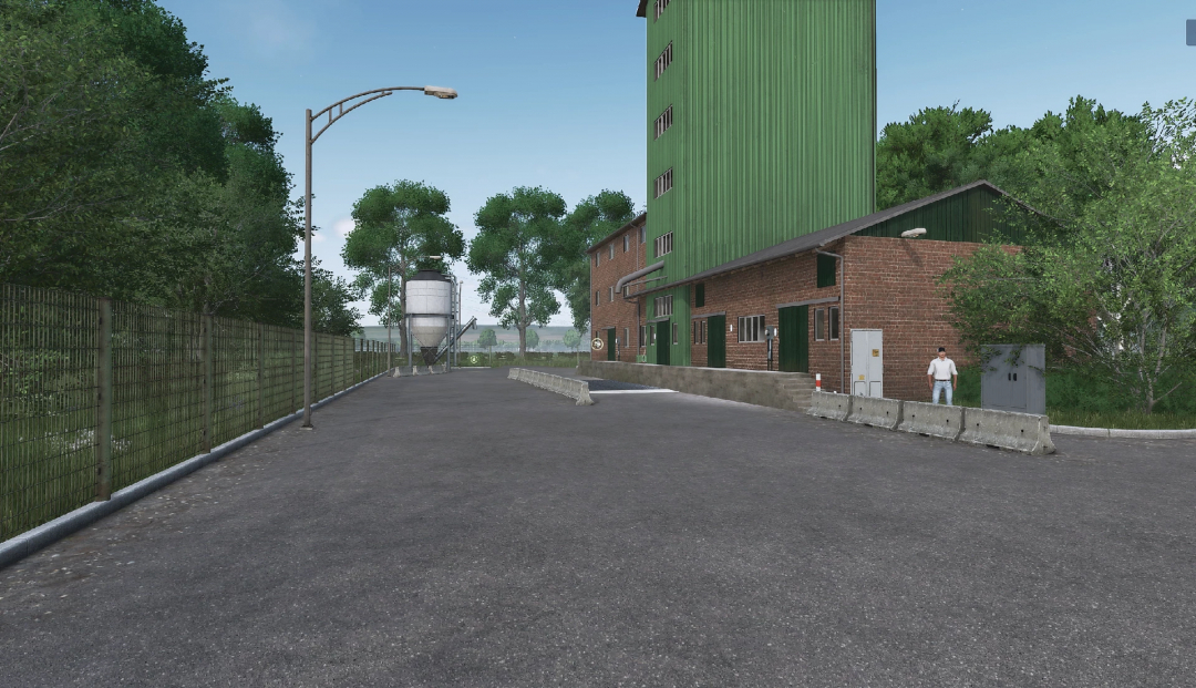 Farming Simulator 25 mod scene with a rural building, trees, and a person near a concrete barrier, reflecting FS25 mods and farming environment.