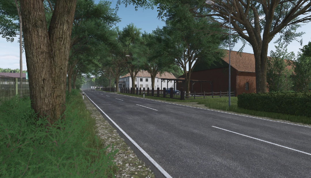 A digital image of a rural road lined with large trees, with houses and a fence along the side, in Farming Simulator 25 mods.