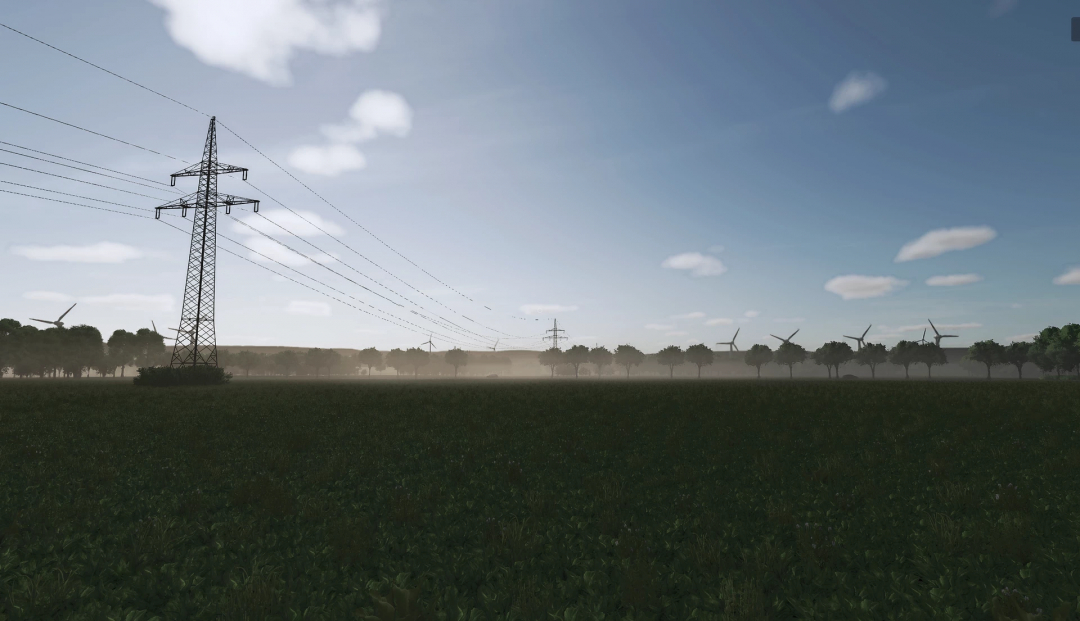 Landscape with wind turbines and power lines, from Farming Simulator 25 with the Harz und Heide v1.0.0.0 mod, showing rural scenery and energy infrastructure.