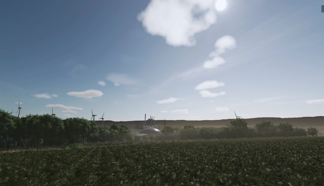 Farming Simulator 25 mod image showcasing rural landscape with wind turbines, trees, and fields, from the Harz und Heide v1.0.0.0 mod.