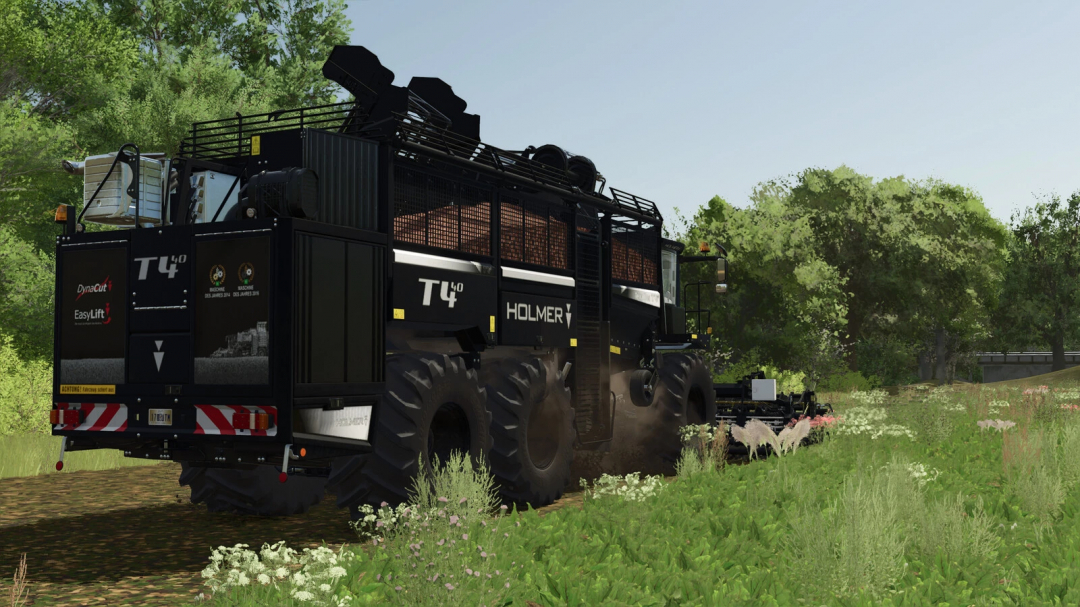 Farming Simulator 25 mod featuring the Holmer Terra Dos T4-40 tractor working on a field, with lush green trees in the background.