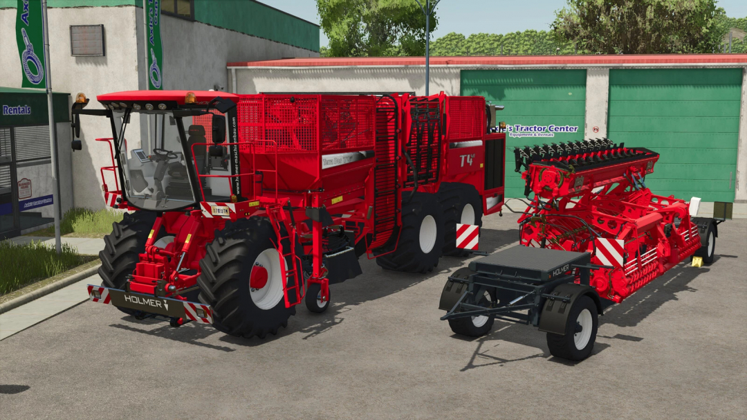 Farming Simulator 25 mods: red Holmer Terra Dos T4-40 machinery with attached equipment, outdoors in front of an agricultural center.