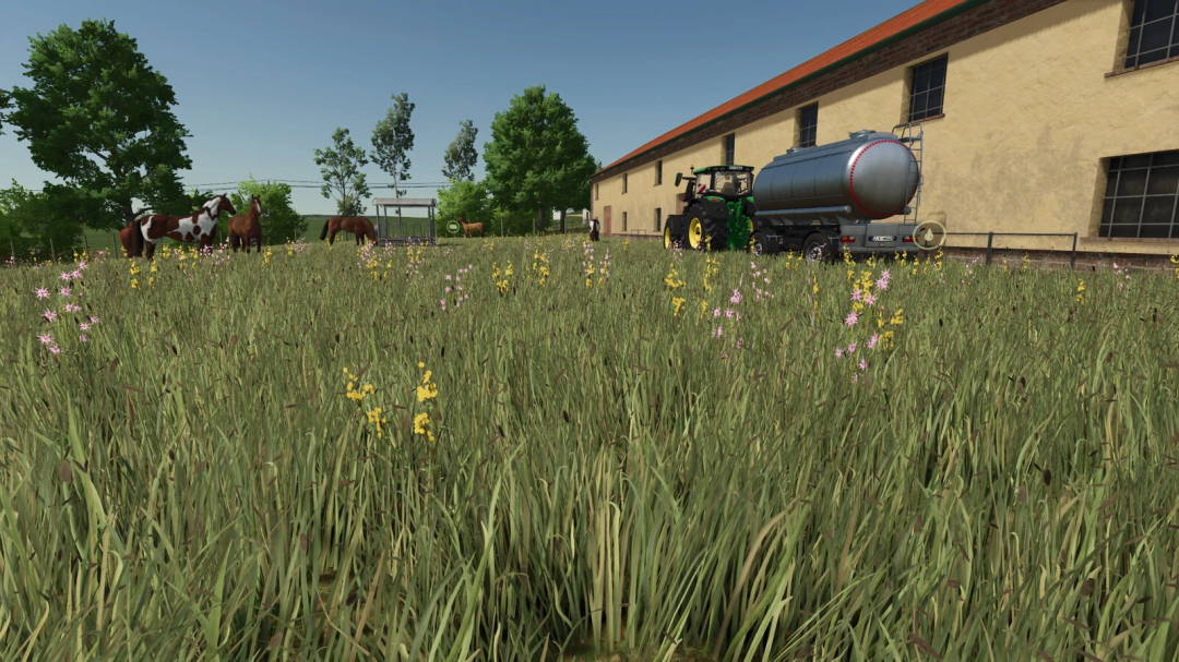 Farming Simulator 25 mod: Big horse barn on a farm with horses, tractor, and water tanker, natural outdoor setting.