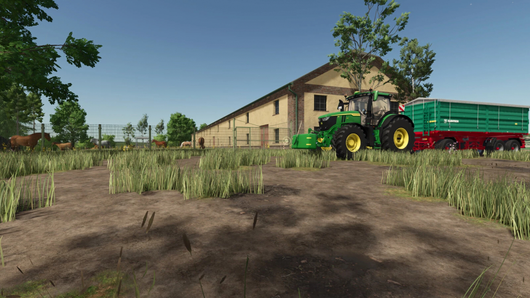 Farming Simulator 25 mod image showing a green tractor with a trailer in front of a barn with horses on a farm.