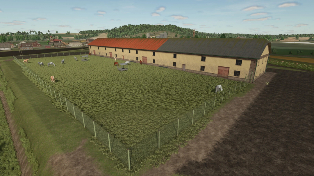 Farming Simulator 25 mod featuring the Horse Barn Big v1.0.0.0 for horse husbandry with grazing area and fenced pasture.