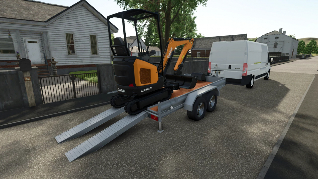 Farming Simulator 25 mods: Small construction trailer with a CASE CX18D mini excavator on a residential street.