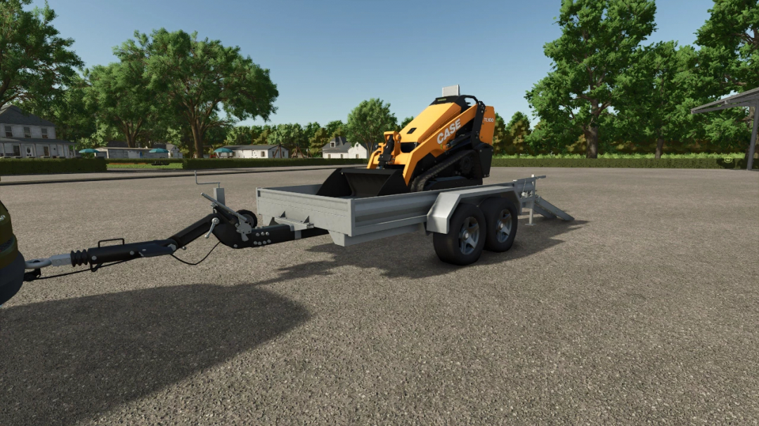 Farming Simulator 25 mod featuring Hubiere TPF V1.0.0.0, a compact construction skid steer loader on a trailer, ideal for farming tasks.