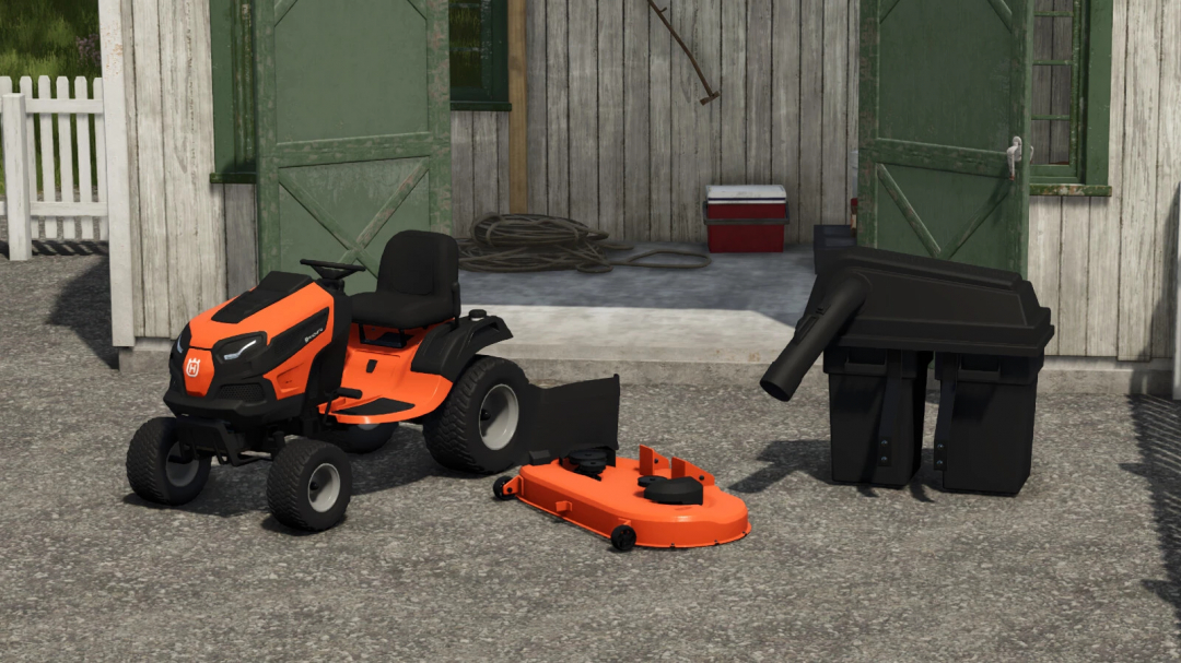 Farming Simulator 25 mod image showing Husqvarna TS146XK riding lawn mower with grass catcher, tool storage, and garden tools outside the shed.