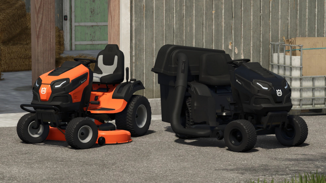 Farming Simulator 25 mods, Husqvarna TS146XK v1.0.0.0 lawn mowers mod, two Husqvarna riding mowers parked outside a farm building.