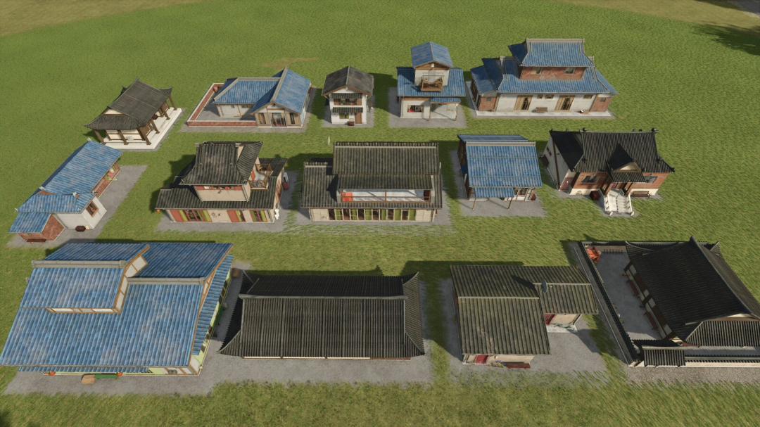 Screenshot of various traditional-style houses from the Hutan Pantai Houses mod in Farming Simulator 25, highlighting detailed mod content.