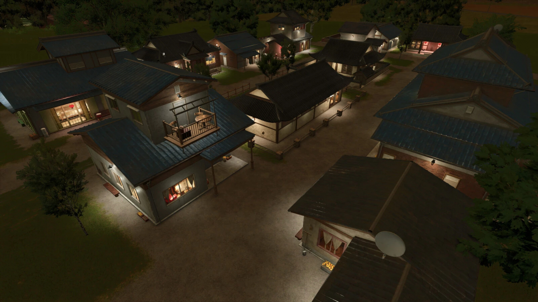 Night view of a Japanese-style village with traditional houses and blue tiled roofs, illuminated with warm interior lights in Farming Simulator 25 mods.