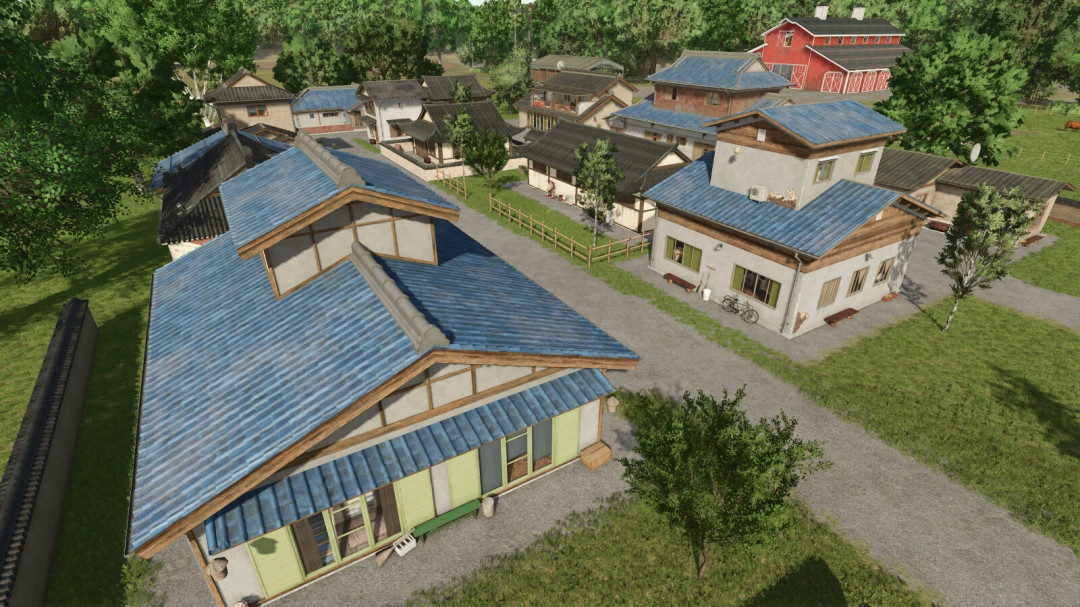 A peaceful farm village in Farming Simulator 25 with traditional houses featuring blue roofs, surrounded by greenery and dirt paths. FS25 mods.