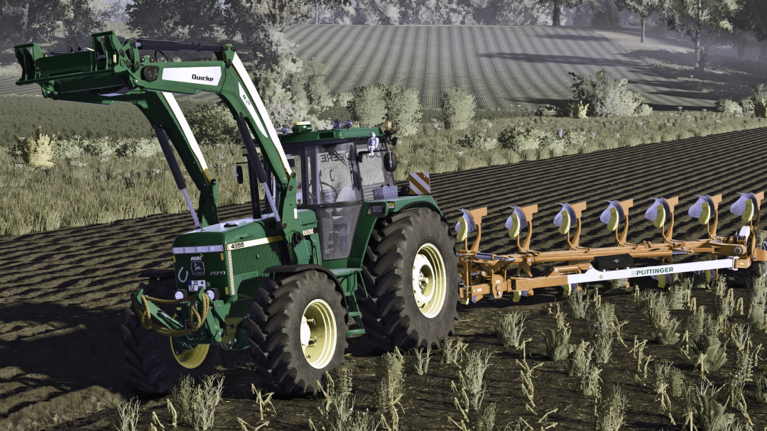 Farming Simulator 25 mod featuring a green John Deere tractor with a plow attachment on a cultivated farm field.