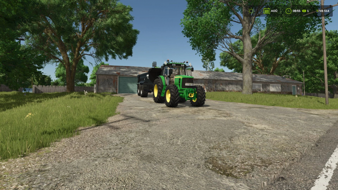 Farming Simulator 25 mod featuring the John Deere 6000 Premium Series Basuri V1.0.0.0 tractor on a rural farm setting with trees and a barn.