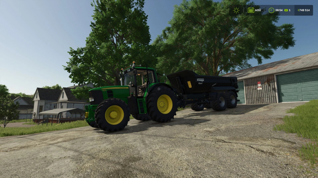 Farming Simulator 25 mod featuring a John Deere 6000 Premium Series Basuri, parked outside a farm building with green trees and a dirt road.