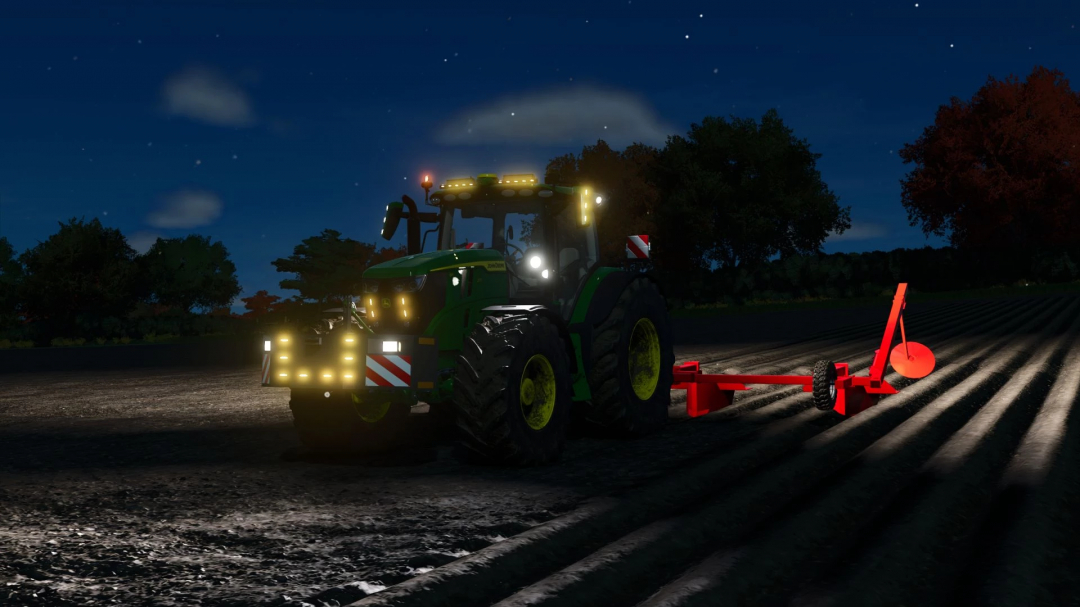 Night scene of a John Deere tractor working on a field in Farming Simulator 25 with a large mod, John Deere 6R Large Frame Series Edit v1.0.0.0.