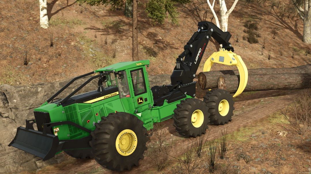 Farming Simulator 25 mod featuring a John Deere 768L-II swing boom loader with a log grapple attachment on a rugged terrain.