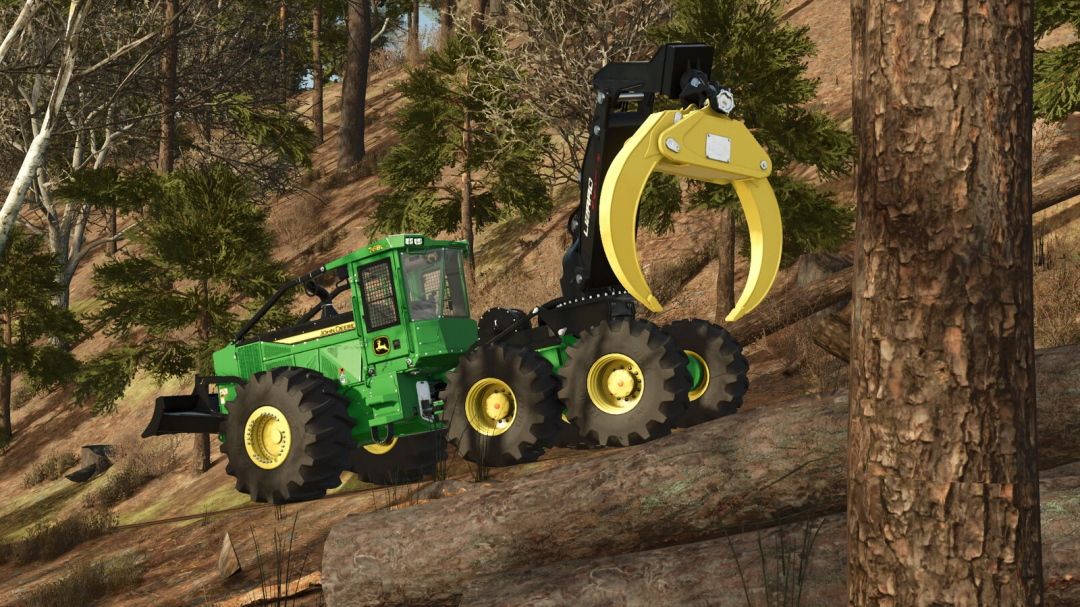 Farming Simulator 25 mod: John Deere 768L-II SwingBoom logging skidder in a forest setting.