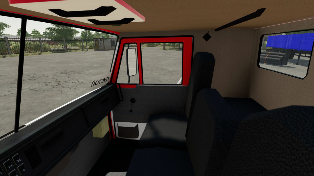 Interior view of a truck from Farming Simulator 22 mods, showing the dashboard, seats, and windows with outdoor scenery.
