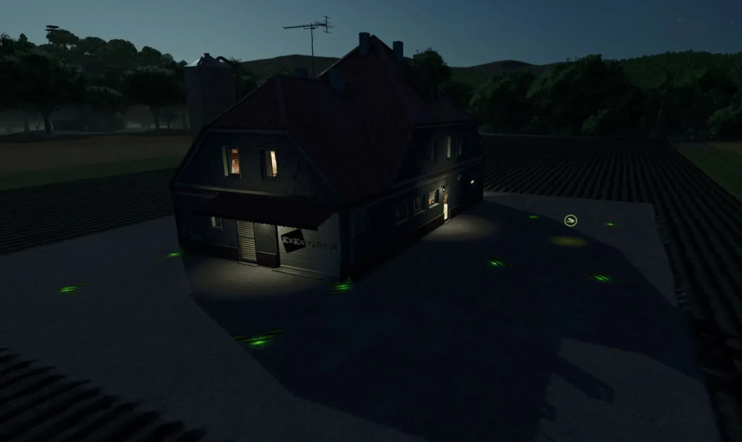 Night view of a dark farmhouse mod in Farming Simulator 25, with illuminated outdoor lights and surrounding fields for FS25 mods.