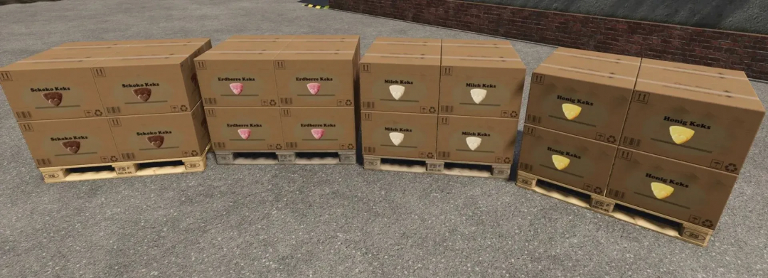 Farming Simulator 25 mod image featuring boxes of cookies: chocolate, strawberry, milk, and honey flavors on pallets.
