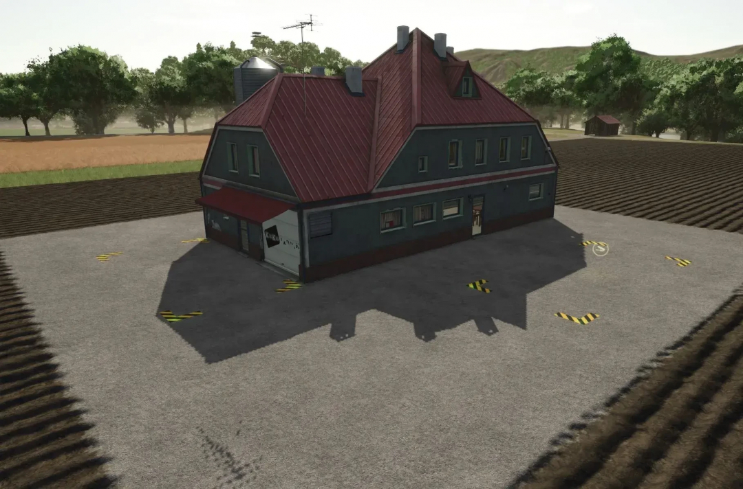 Farming Simulator 25 mod house with a red roof, situated on a gravel lot, surrounded by farm fields and trees, from the FS25 mods collection.