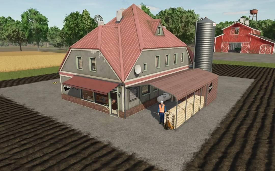 Farming Simulator 25 mod: A two-story farm building with a red roof, silo, and a character working outside with wood pallets.