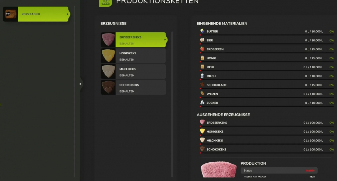 Screenshot of Kekscreations mod in Farming Simulator 25 showing production chains with ingredients like strawberries, honey, milk, and chocolate.
