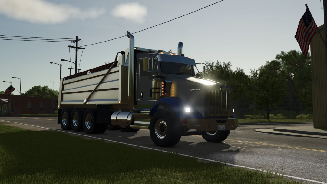 Farming Simulator 25 mod: Kenworth T800 Dumper v1.0.0.0 in-game truck on the street, showing detailed design and realistic lighting.
