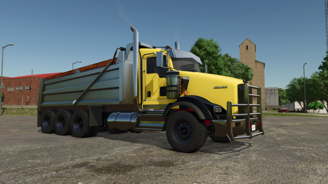 Farming Simulator 25 mod: Kenworth T800 Dumper truck with yellow cab and dumping bed, available in FS25 mods for farming jobs.
