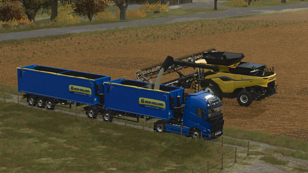 Farming Simulator 25 mods: Blue New Holland agriculture truck with Krampe SKS Pack v1.0.0.0 mod, featuring grain trailer and equipment.