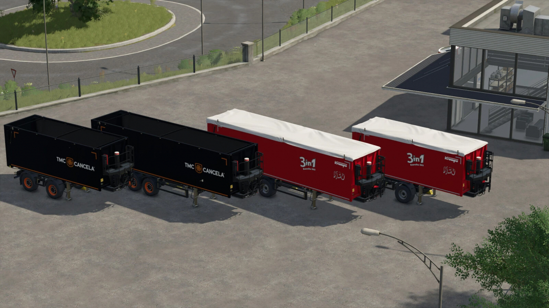 Images of four farming trailers from the Krampe SKS Pack mod in Farming Simulator 25, two black and two red with white covers, parked outside a building.