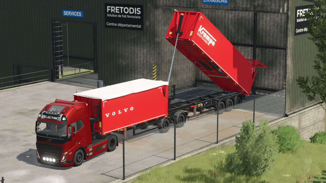 Farming Simulator 25 mod image showing a red Volvo electric truck with a Krampe SKS pack trailer in an industrial yard.