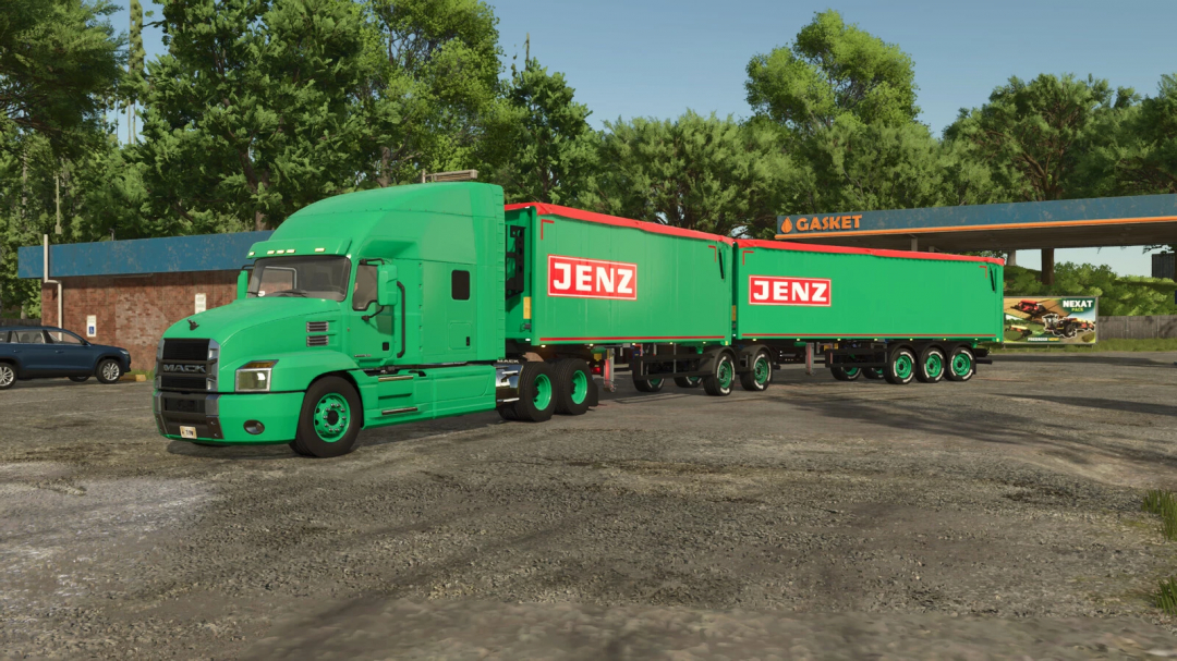 Farming Simulator 25 mod featuring a green Mack truck with JENZ trailers, part of the Krampe SKS Pack v1.0.0.0.