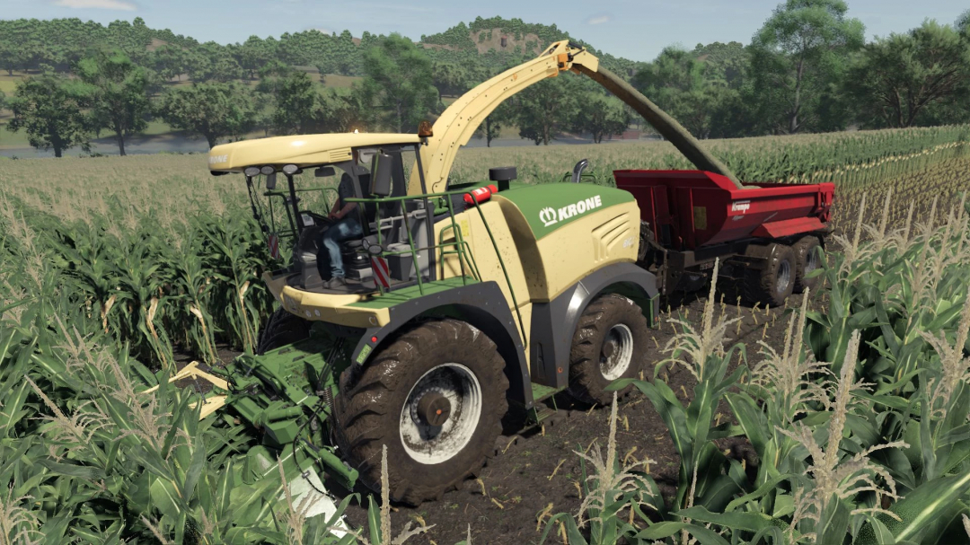 Farming Simulator 25 mod: Krone BigX 580 harvesting corn in a field.