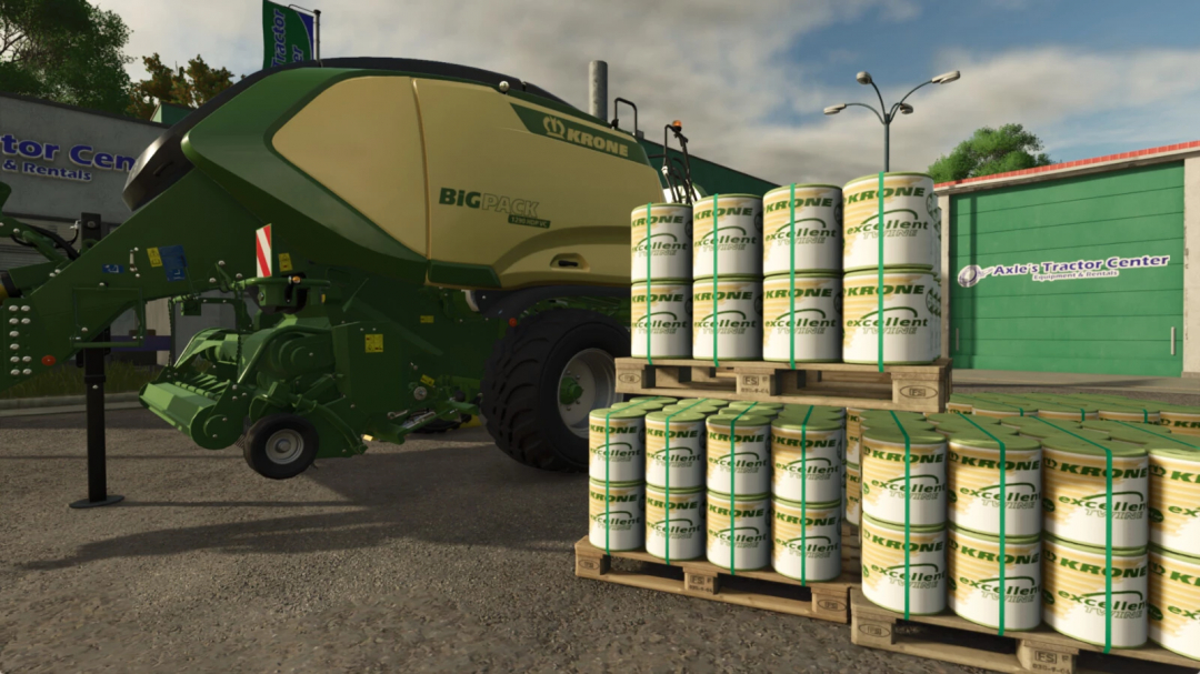 Farming Simulator 25 mod showcasing Krone BigPack forage harvester and consumables pallets, part of FS25 mods collection.