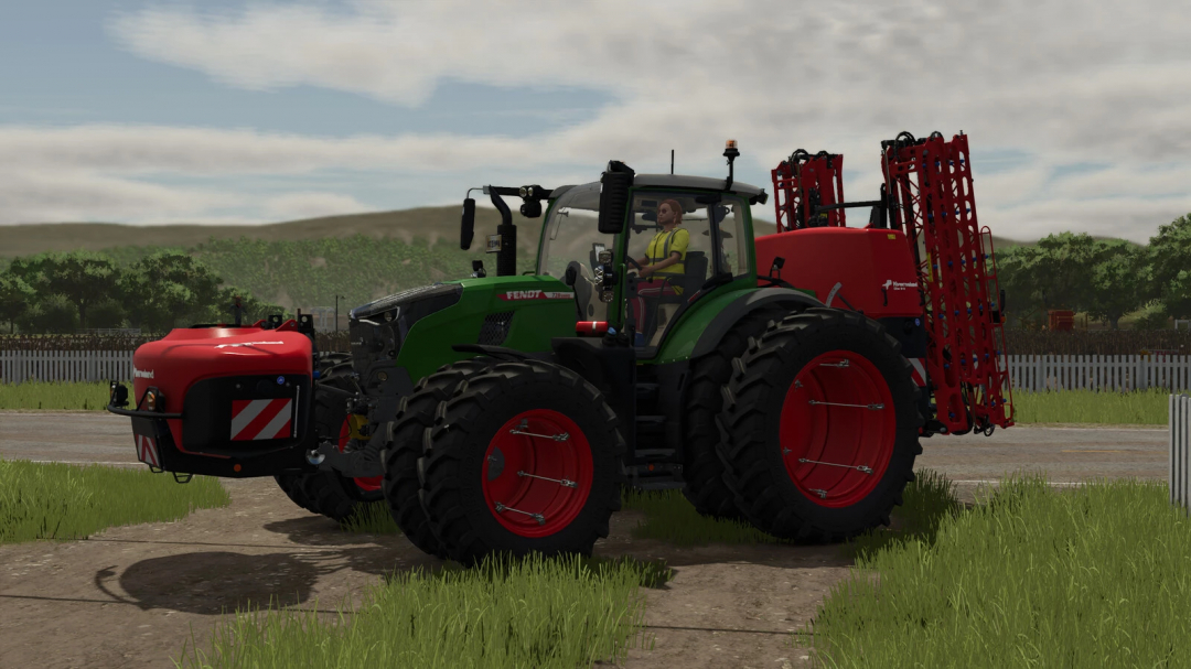 Farming Simulator 25 mod: Green Fendt tractor with red sprayer attachment, driver inside, outdoor farm scenery.