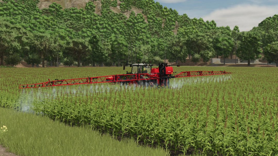 Farming Simulator 25 mod showcasing the Kverneland IXter B18 spraying crops in a green field with trees in the background.
