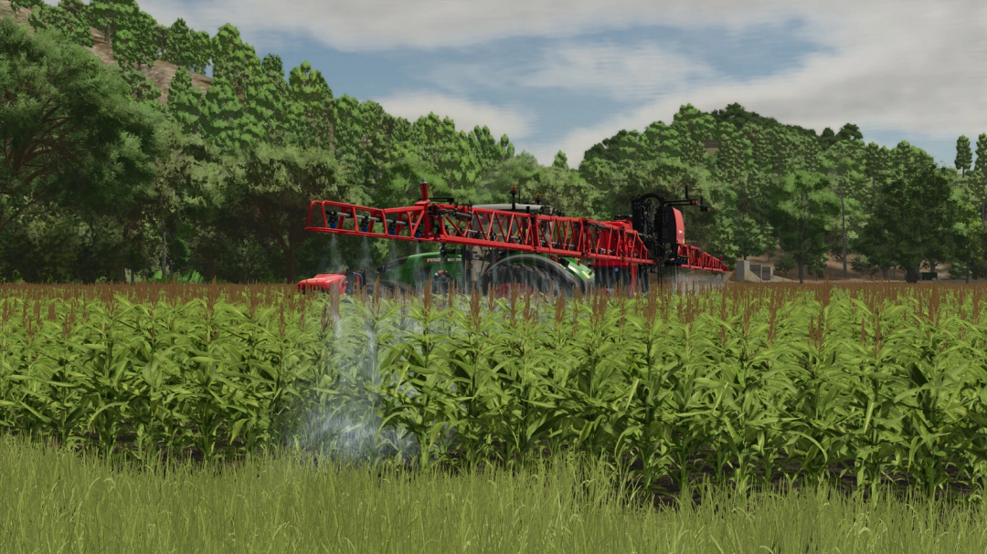 Farming Simulator 25 mod: Kverneland IXter B18 agricultural sprayer working in a green field with trees and hills in the background.